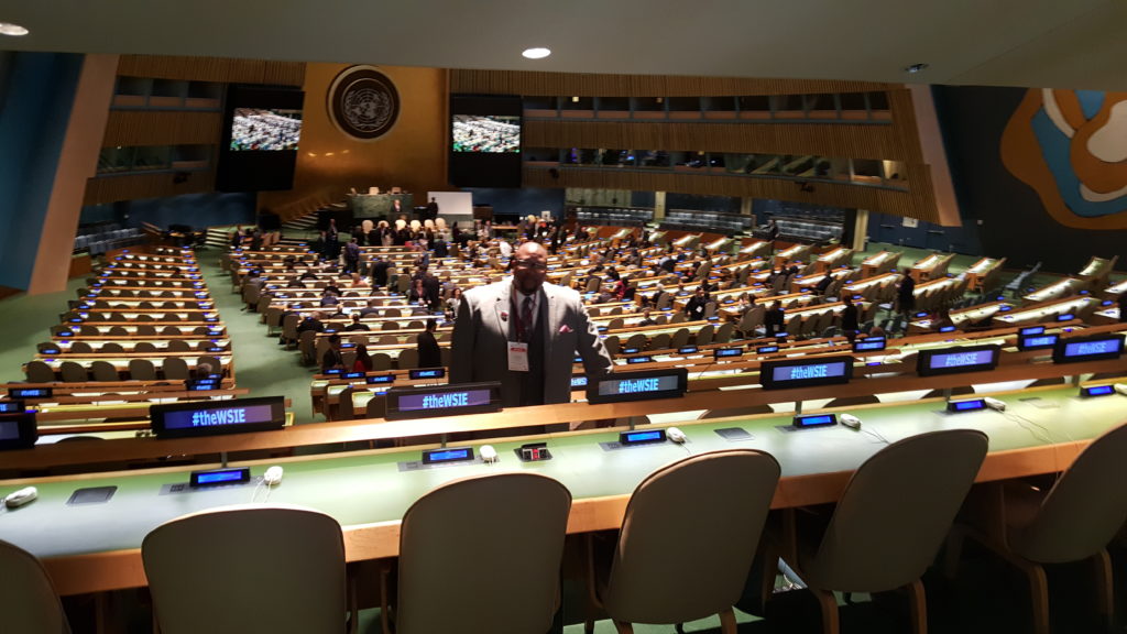 Dr. David Anderson, Founder and Pastor of Bridgeway Community Church in Columbia, Maryland, surveys the U.N. auditorium where he will give a presentation on race relations to a group of corporate and government leaders from around the world.