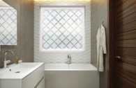 Elegant privacy windows and upgraded fixtures can enhance a bathroom.