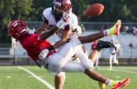 Hammond High School safety Paskell Cheeves knocks the football away from an Edmondson Red Storm receiver during a preseason scrimmage in Columbia Friday evening. Edmondson Westside High School defeated the Golden Bears 12-0.