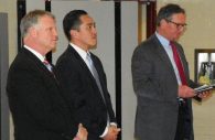 Howard County Executive Allan Kittleman flanked on the right by ___ and Valdis Lazdins, Director Department of Planning and Zoning during the Town Hall Meeting regarding development in the area of the Patuxent River Trail Park.