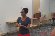 School Board candidate, Mauvorene Robinson seen here chatting with a small gathering at East Columbia Library. Supporter Barb Krupiarz seen on right. (Photo by Ricardo Whitaker)