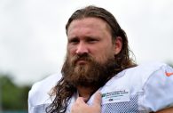 Jul 29, 2018; Davie, FL, USA; Miami Dolphins offensive guard Josh Sitton (71) speaks with a reporter after practice drills at Baptist Health Training Facility. Mandatory Credit: Steve Mitchell-USA TODAY Sports