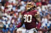 Sep 16, 2018; Landover, MD, USA; Washington Redskins nose tackle Ziggy Hood (90) celebrates against the Indianapolis Colts during the first half at FedEx Field. Mandatory Credit: Scott Taetsch-USA TODAY Sports