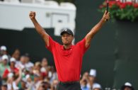 Sep 23, 2018; Atlanta, GA, USA;  Tiger Woods reacts to win the Tour Championship golf tournament at East Lake Golf Club. Christopher Hanewinckel-USA TODAY Sports