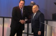 Hogan-Jealous-Debate1- Democratic challenger Ben Jealous shakes hands with incumbent Republican Gov. Larry Hogan at the lone 2018 Maryland gubernatorial debate on Monday, Sept. 24, 2018, in Owings Mills, Maryland. (Photo by Larry Canner/Maryland Public Television)