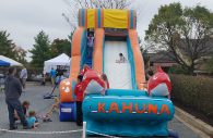 On the big inflatable slide, children enjoying quick descents while their family members look on.