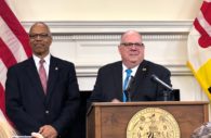 Gov. Larry Hogan — a day after winning re-election in the Maryland governor’s race — held a celebratory press conference in the Governor’s Reception Room of the Maryland State House on Wednesday, Nov. 7, 2018, in Annapolis, Maryland. Boyd Rutherford, Lt. Gov. is standing to Hogan’s left. (Photo by Brooks DuBose/Capital News Service)