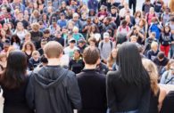 COLLEGE PARK, Maryland - At a rally Thursday on the campus following two days of turmoil over the football program, members of the University of Maryland Student Government Association ask for a minute of silence in memory of Jordan McNair. (Albane Guichard/Capital News Service)