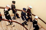 WASHINGTON - Soldiers serving as the honor guard to President George Herbert Walker Bush exit the United States Capitol Rotunda. (Albane Guichard/Capital News Service)