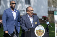 A. Raul Delarme, Deputy Chief Administrative Officer, is joined with Howard County Executive Calvin Ball for the announcement about a planned Public Garden.