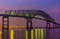 A stunning night-time photograph of the Francis Scott Key Bridge prior to the devastating collapse where several highway workers lost their lives.