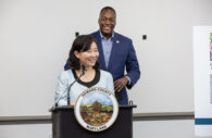 Lanlan Xu, Chair of the Howard County AAPI Commission with Howard County Executive Calvin Ball at Wall-Breaking Ceremony.
